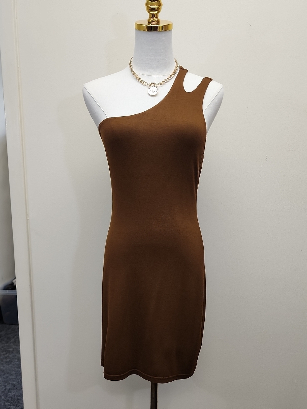 Boskemper One Shoulder Brown Bodycon Dress Stretch Minimal Size Medium